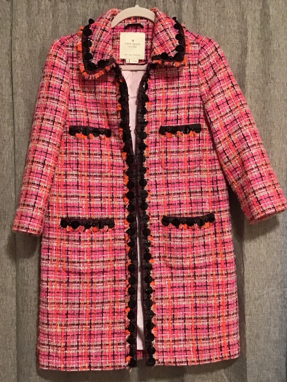 kate spade Pink Multi Tweed Pea Coat with Black Trim